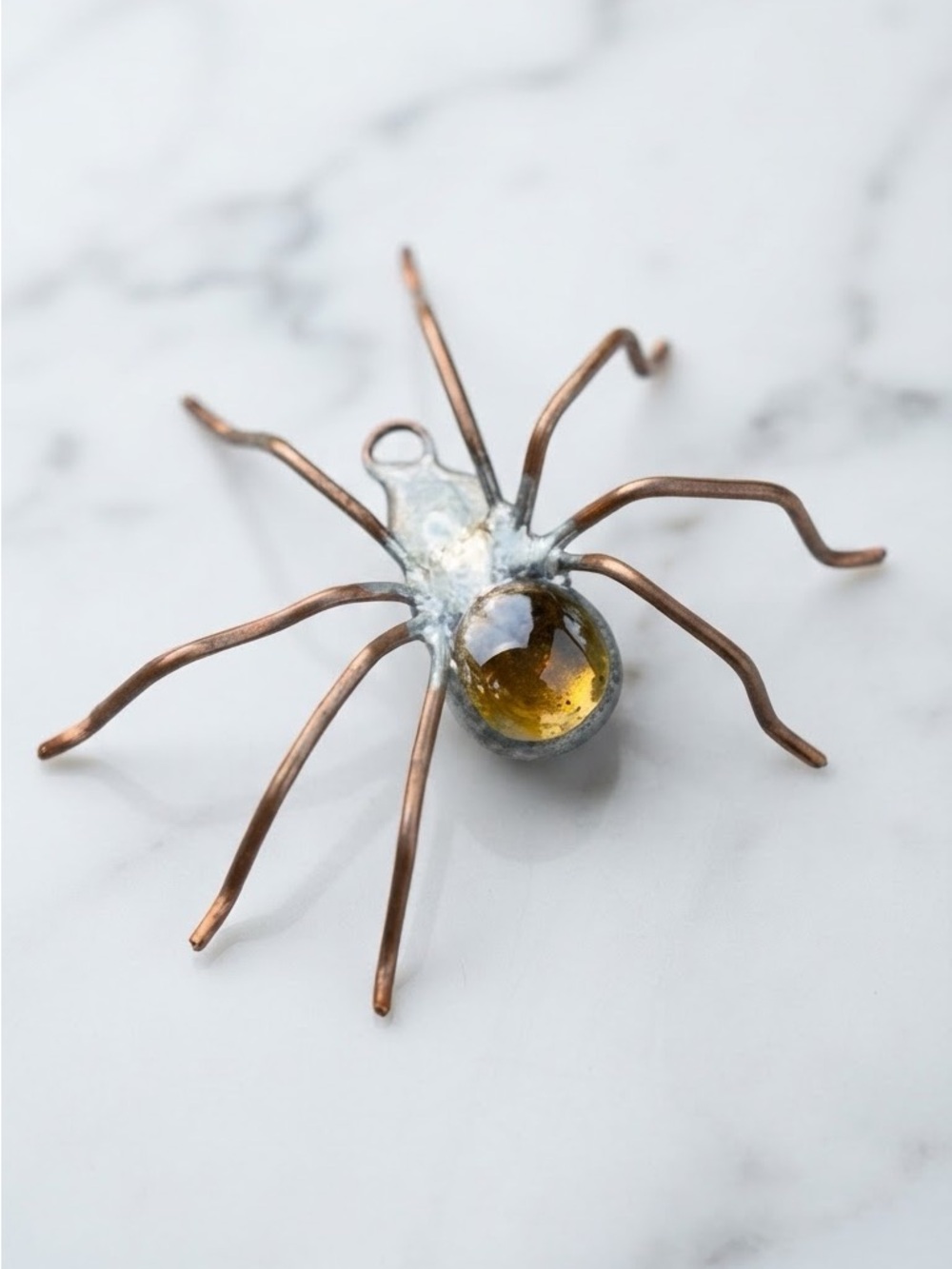 Artisan Copper Wire & Amber Glass Spider Pendant Whimsigoth Gothic Halloween